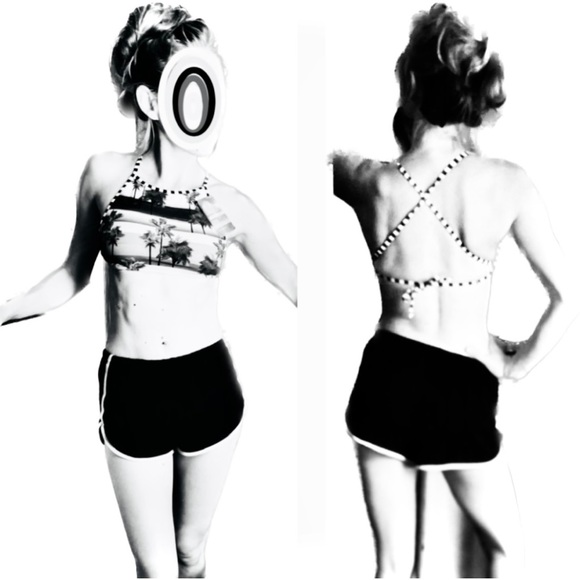 SALINAS | S | High Neck Palm Coral Sunset Bikini Black White Striped Sport Top - Picture 12 of 16